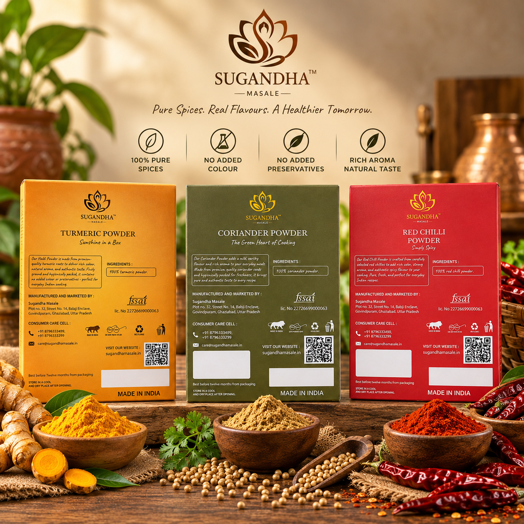Sugandha Masale Spice Combo Pack – Turmeric (Haldi), Coriander (Dhania) & Red Chilli (Lal Mirch) Powder | 100g Each | Total 300g