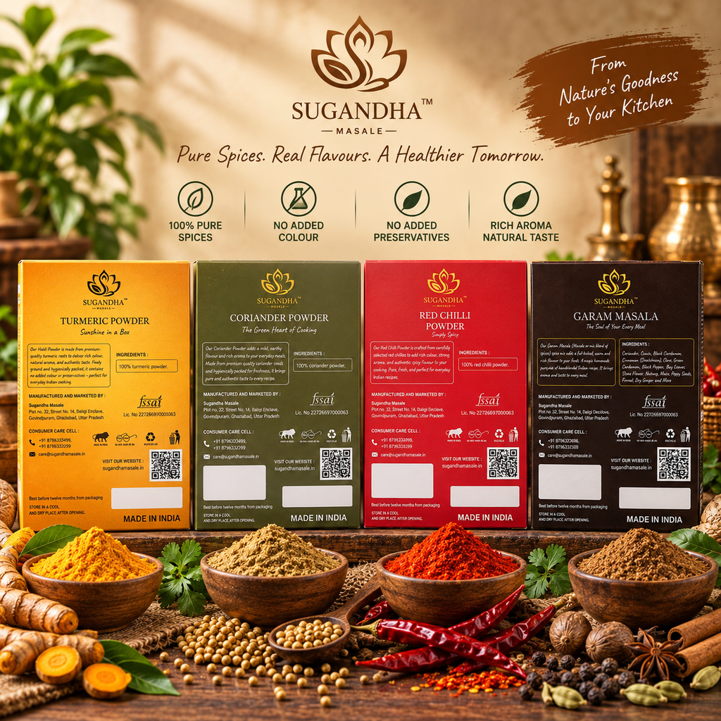 Sugandha Masale 4-in-1 Everyday Spice Combo | Haldi, Dhaniya, Lal Mirch & Garam Masala Powder | 100g Each | 400g Pack