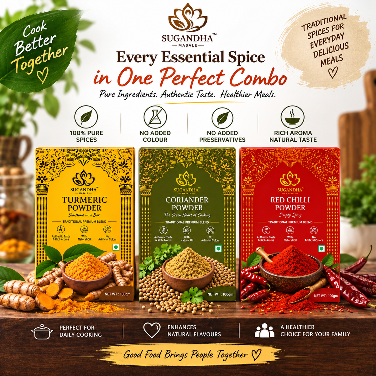 Sugandha Masale Spice Combo Pack – Turmeric (Haldi), Coriander (Dhania) & Red Chilli (Lal Mirch) Powder | 100g Each | Total 300g